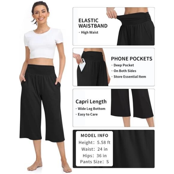 Women's Black High Waisted Capri Pants Casual‎ Wide Leg Yoga Pants with Pockets - Picture 5 of 5